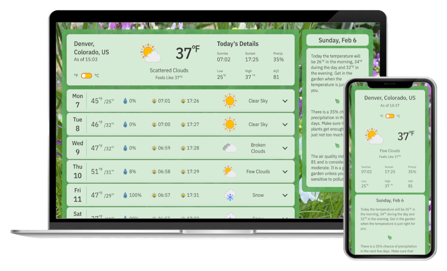 Image of a laptop and smart phone displaying a weather forecast application